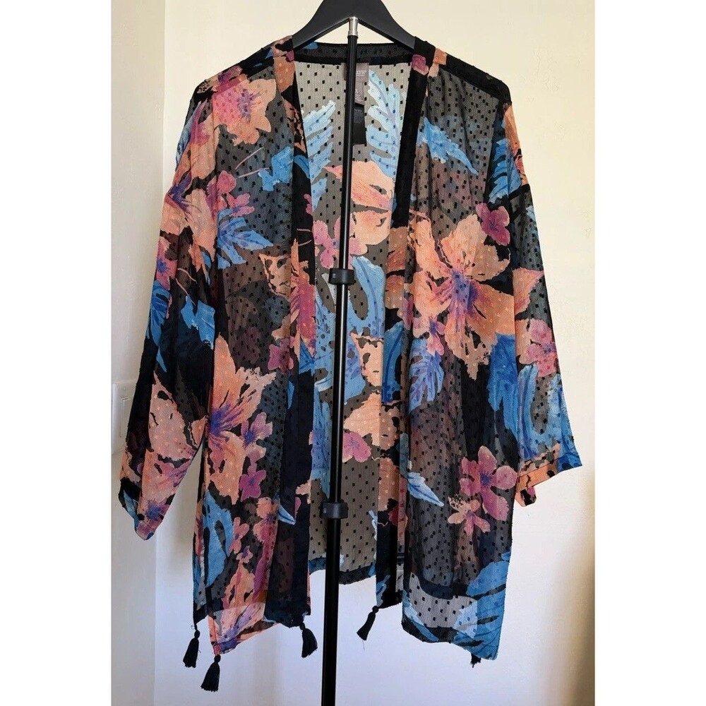 Chico's Tropical Floral Clip Dot Kimono Jacket Sheer Tassel Accent Cover-Up Boho